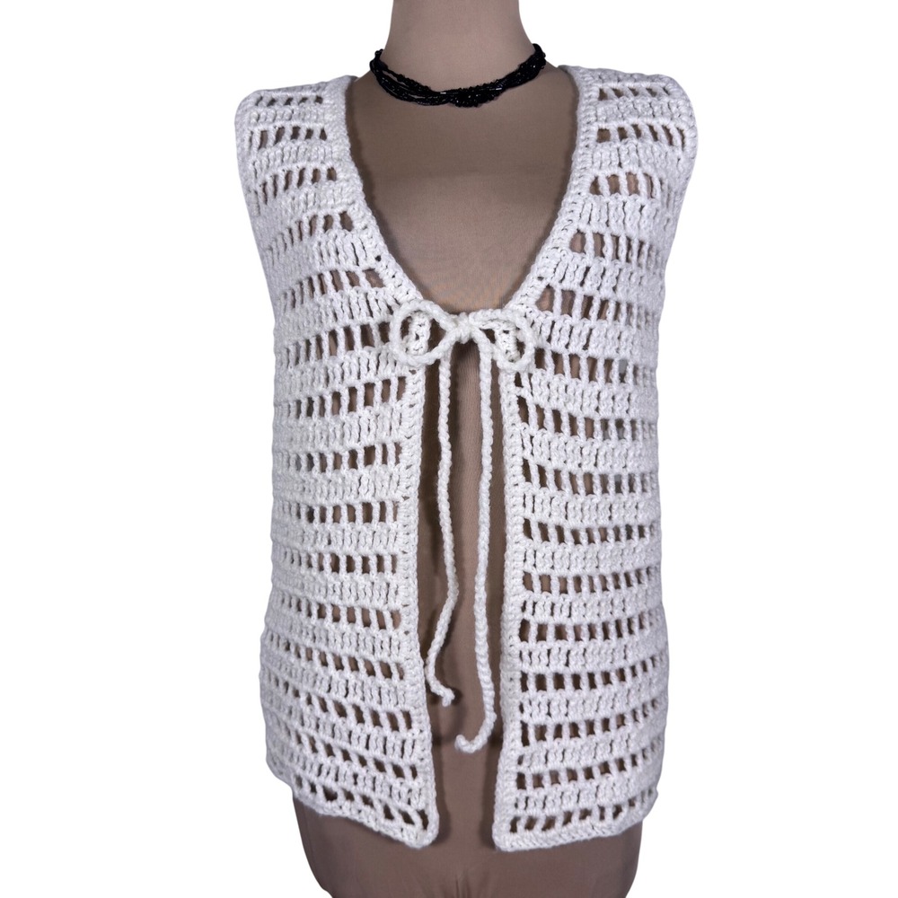 Vintage Hand Crocheted Cream Vest Tie Front Boho Regencycore Hippie‎ Open Knit - Picture 2 of 7